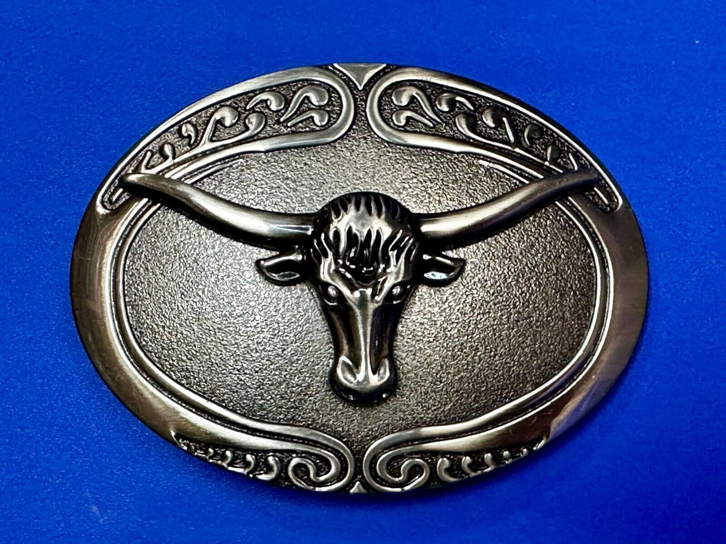 Texas Longhorn Steer Rodeo Bull Vintage Silver Tone Western Oval Belt Buckle
