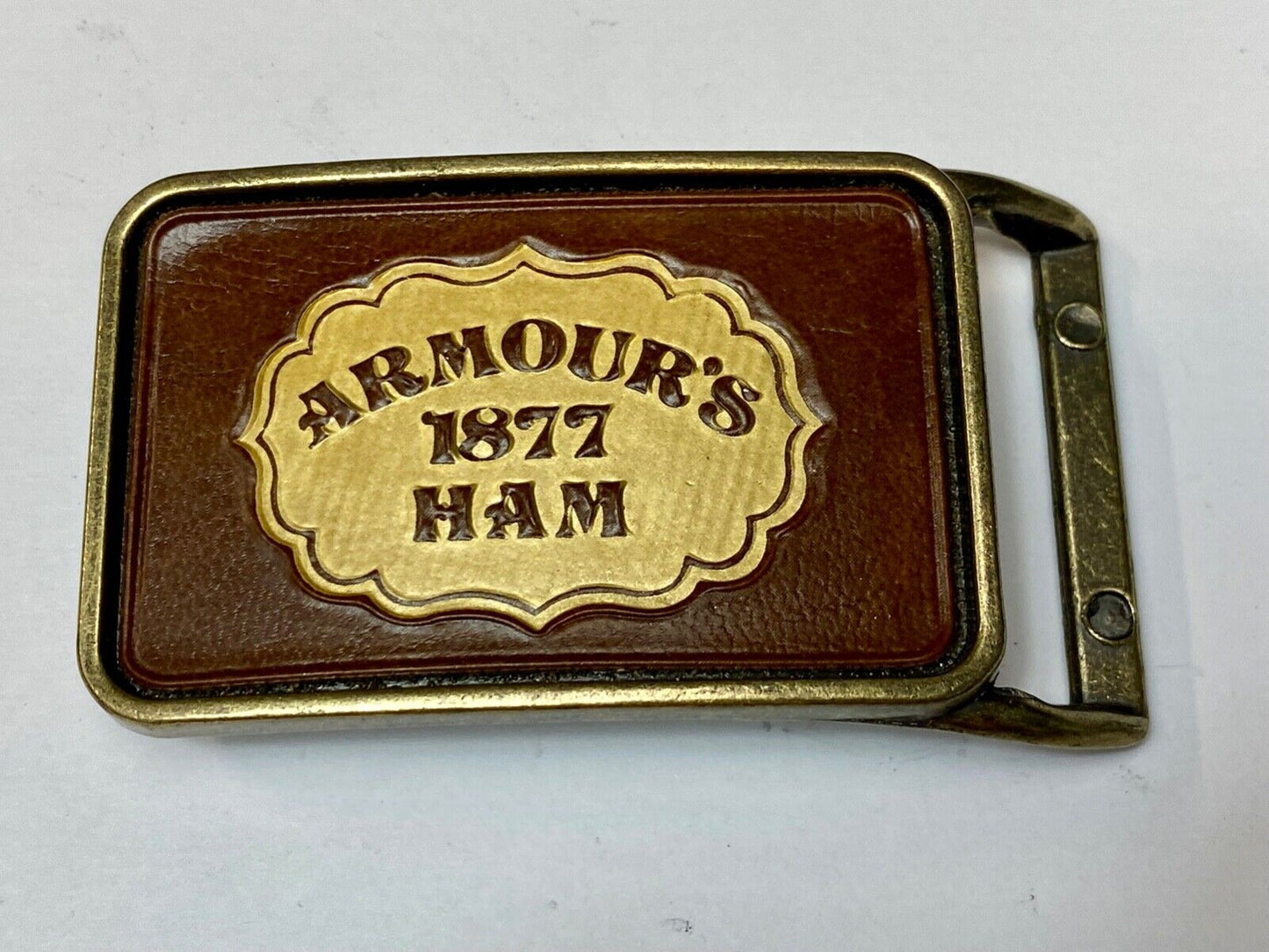 Vintage ARMOUR’S 1877 HAM leather and brass tone advertising belt buckle