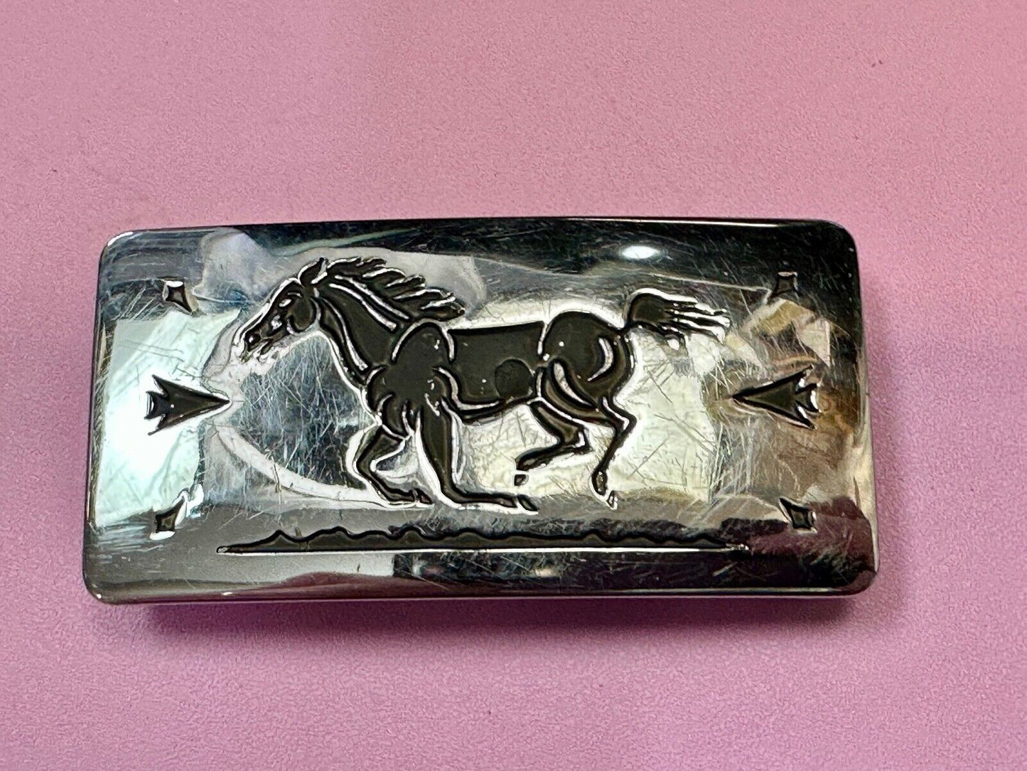 Vintage Chambers Horse Running Mustang W/ Arrows nickel silver Belt Buckle