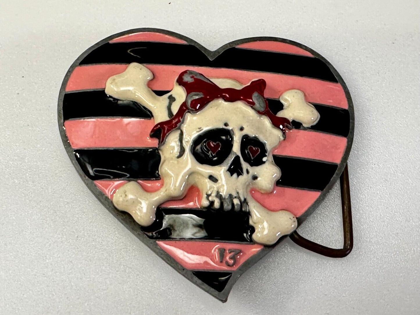 3D Heart Shaped Skull with Bow Cross Bone Ladies Belt Buckle Lucky 13 Apparel