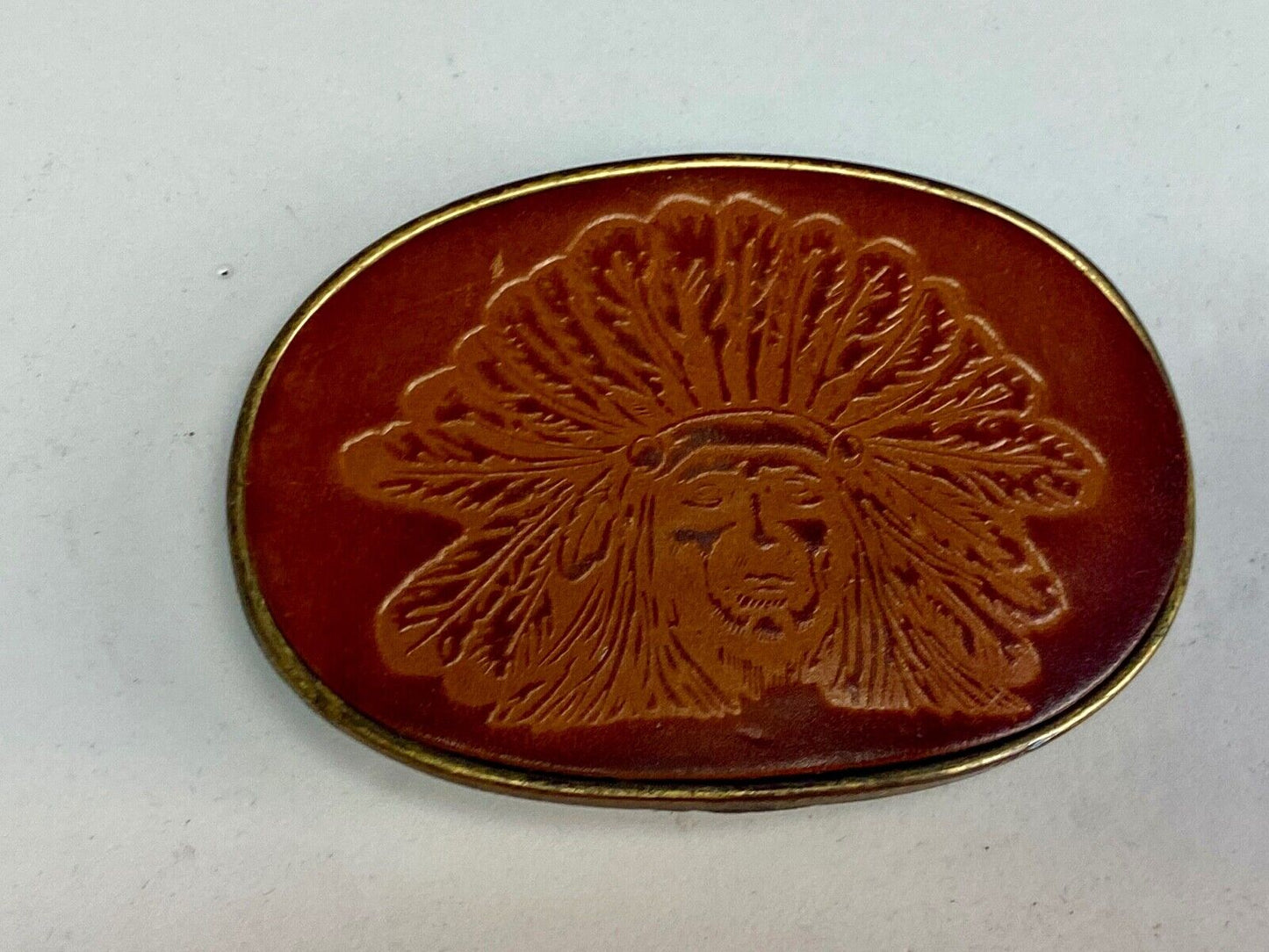 Beautiful Native American Indian Headdress bust on leather belt buckle