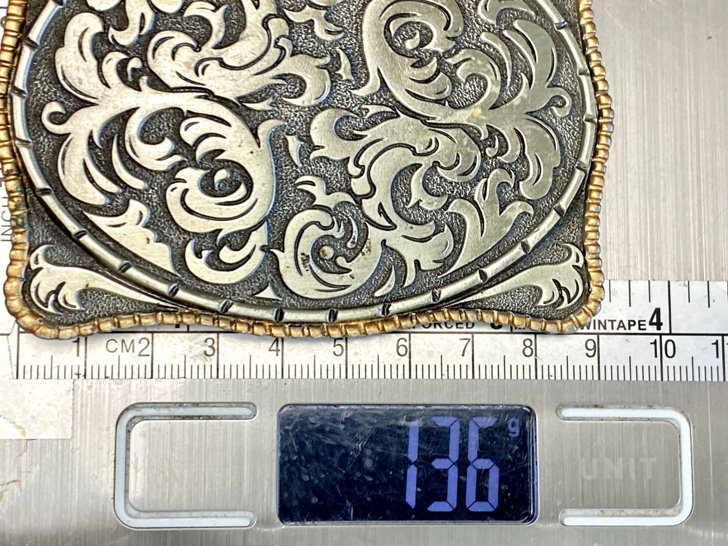 Vintage 1980S **Ornamental Floral Pattern** Pewter Western Belt Buckle