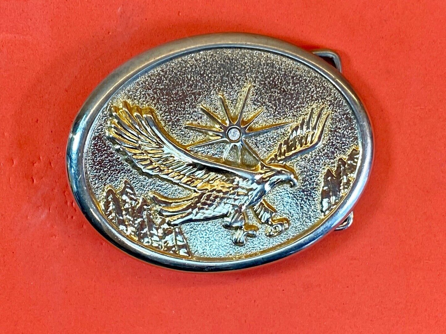 Vintage Flying Classic Bald Eagle With Rhinestone As Sun Starburst Belt Buckle