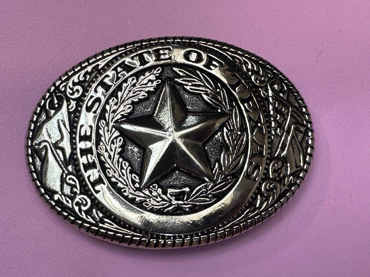 The Great State of TEXAS Star Flag Olive Branch Silver color oval Belt Buckle