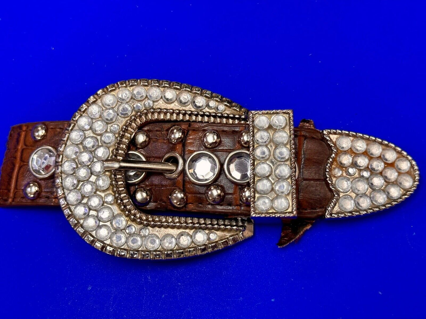 Three Piece western silver tone rhinestone ranger set belt buckle tip & keeper