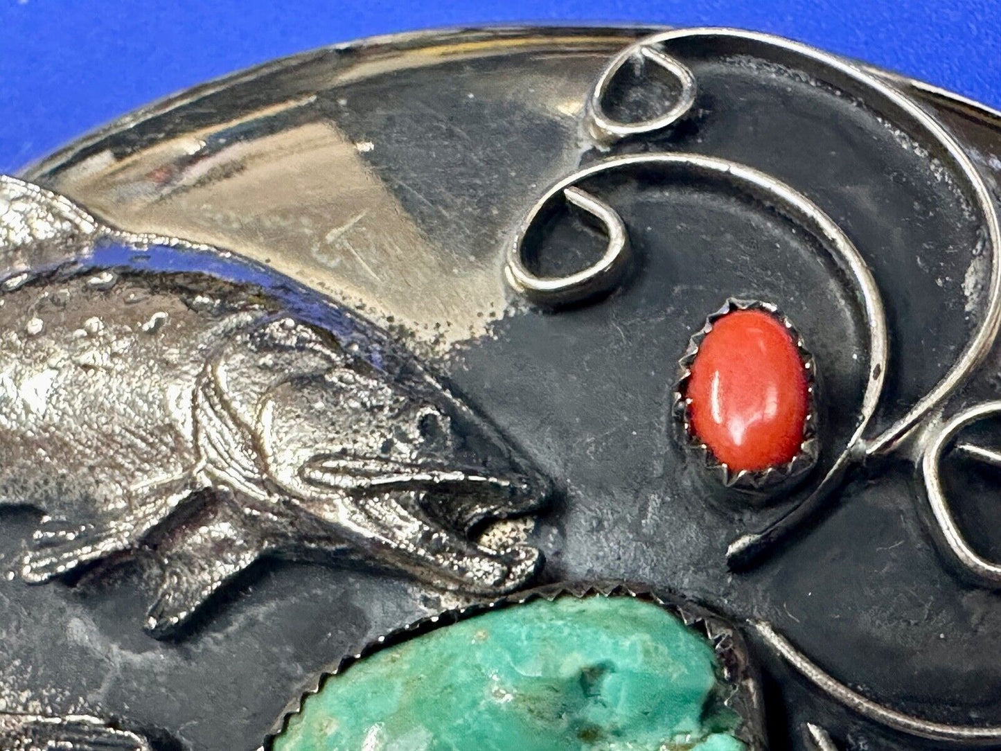 Bass Fish - Turquoise & Coral accented Native American Indian Style Belt Buckle