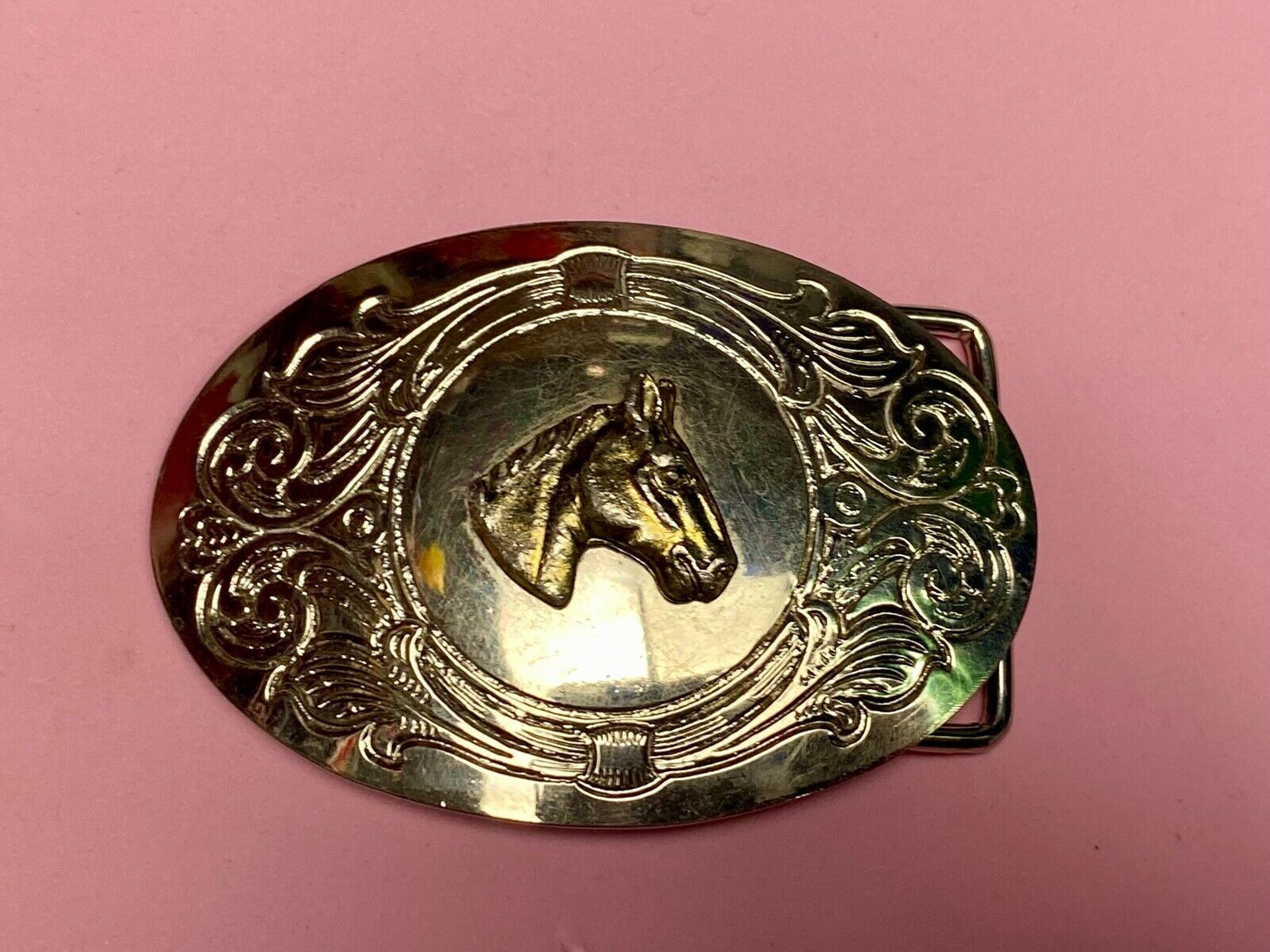 Beautiful Horse Bust Head Mixed Metal On Ornate Western Belt Buckle