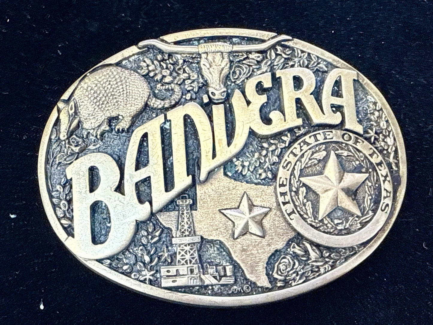 Bandera Texas State Seal , Oil, Star, Longhorn Vtg ADM Solid Brass Belt Buckle