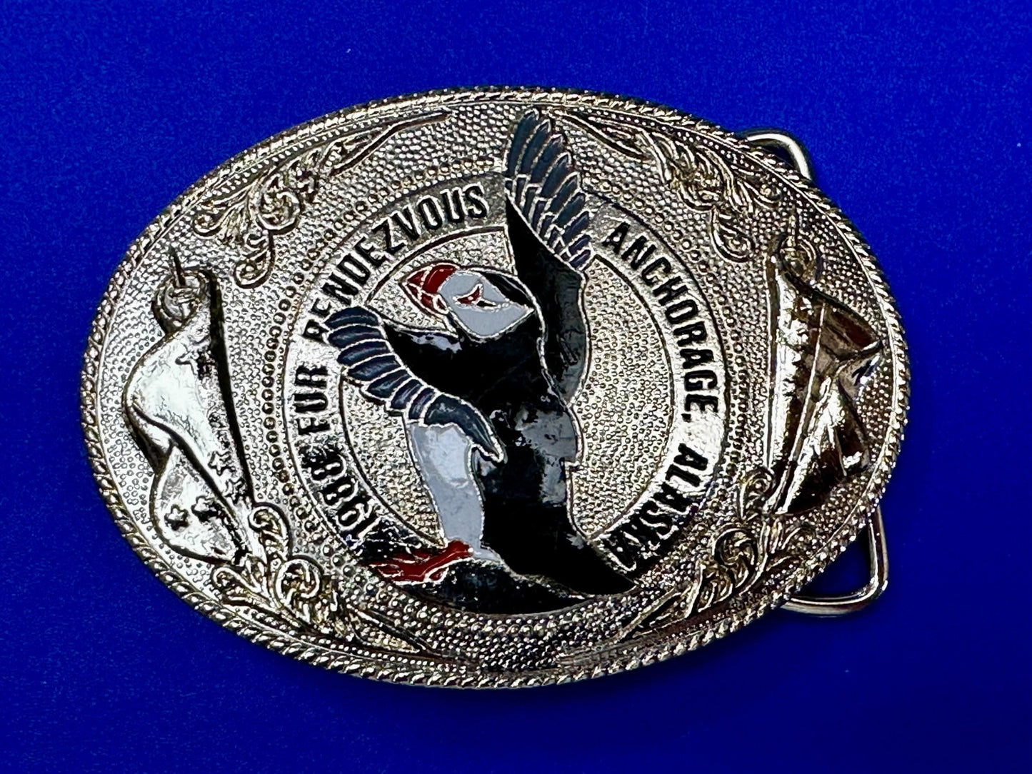 1988 Fur Rendezvous Anchorage Alaska Flag Bald Eagle Commemorative Belt Buckle