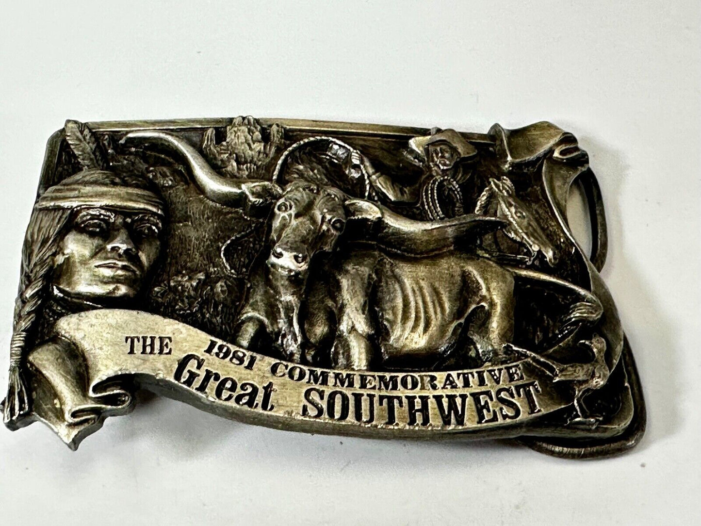 The Great Southwest Navajo Indian Hunter Commemorative Vintage 1981 Belt Buckle