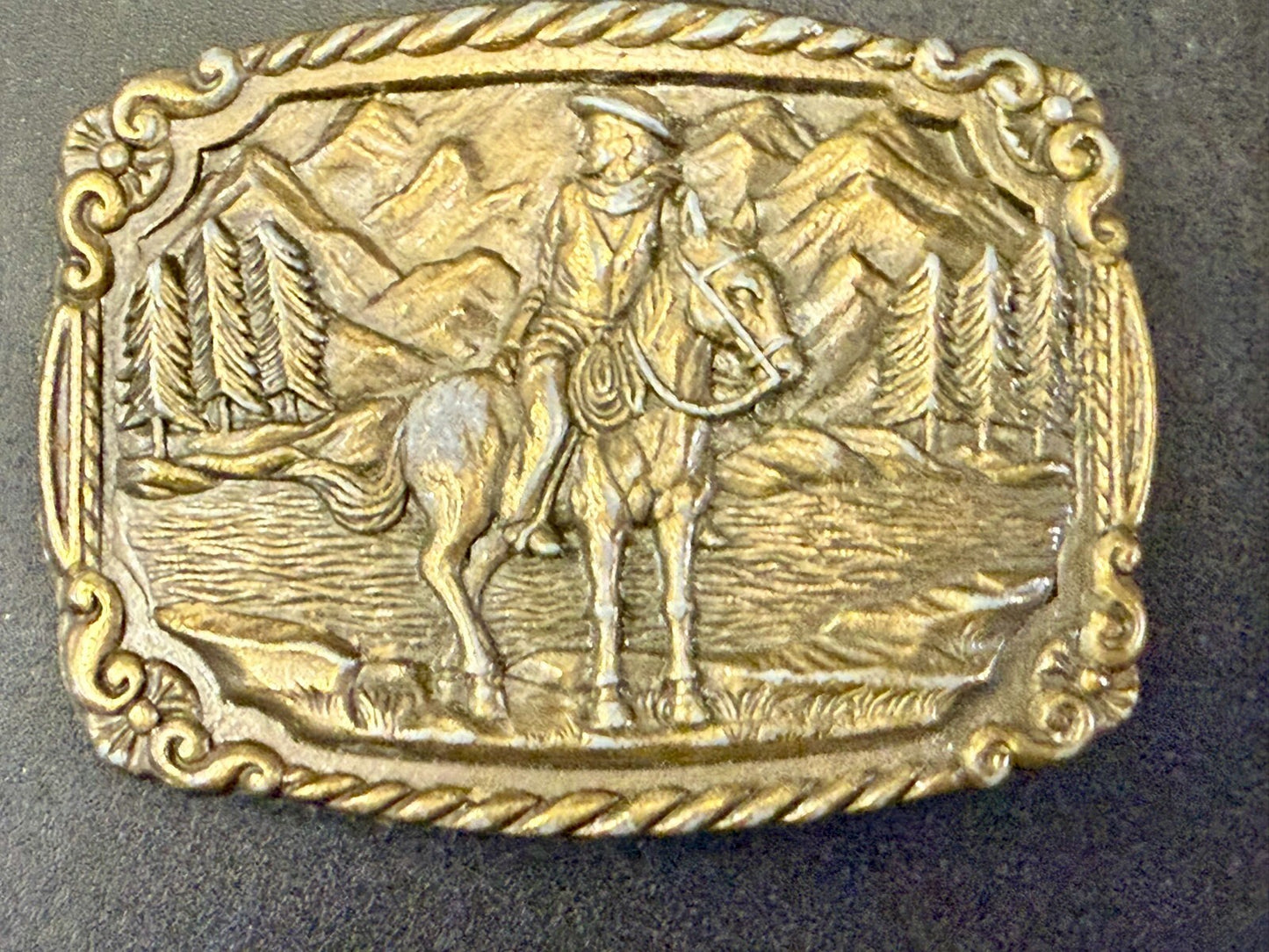 Tall in the Saddle Cowboy Horse River Mountain Scenery Western Belt Buckle