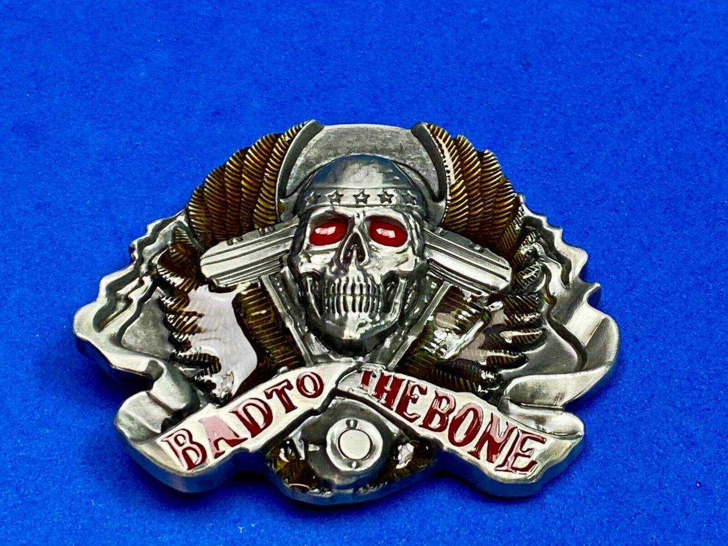 Bad to the bone - Red eyes Bikers Motorcycle Riders skull and wings belt buckle