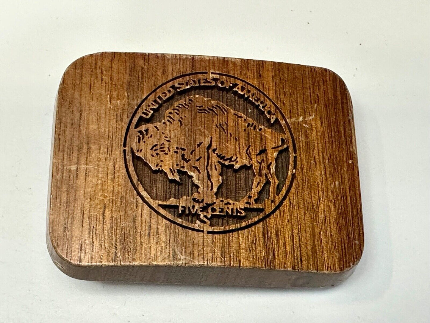 Vintage Buffalo Nickel Five Cents Wood Laser Engraved Lazercraft Belt Buckle USA