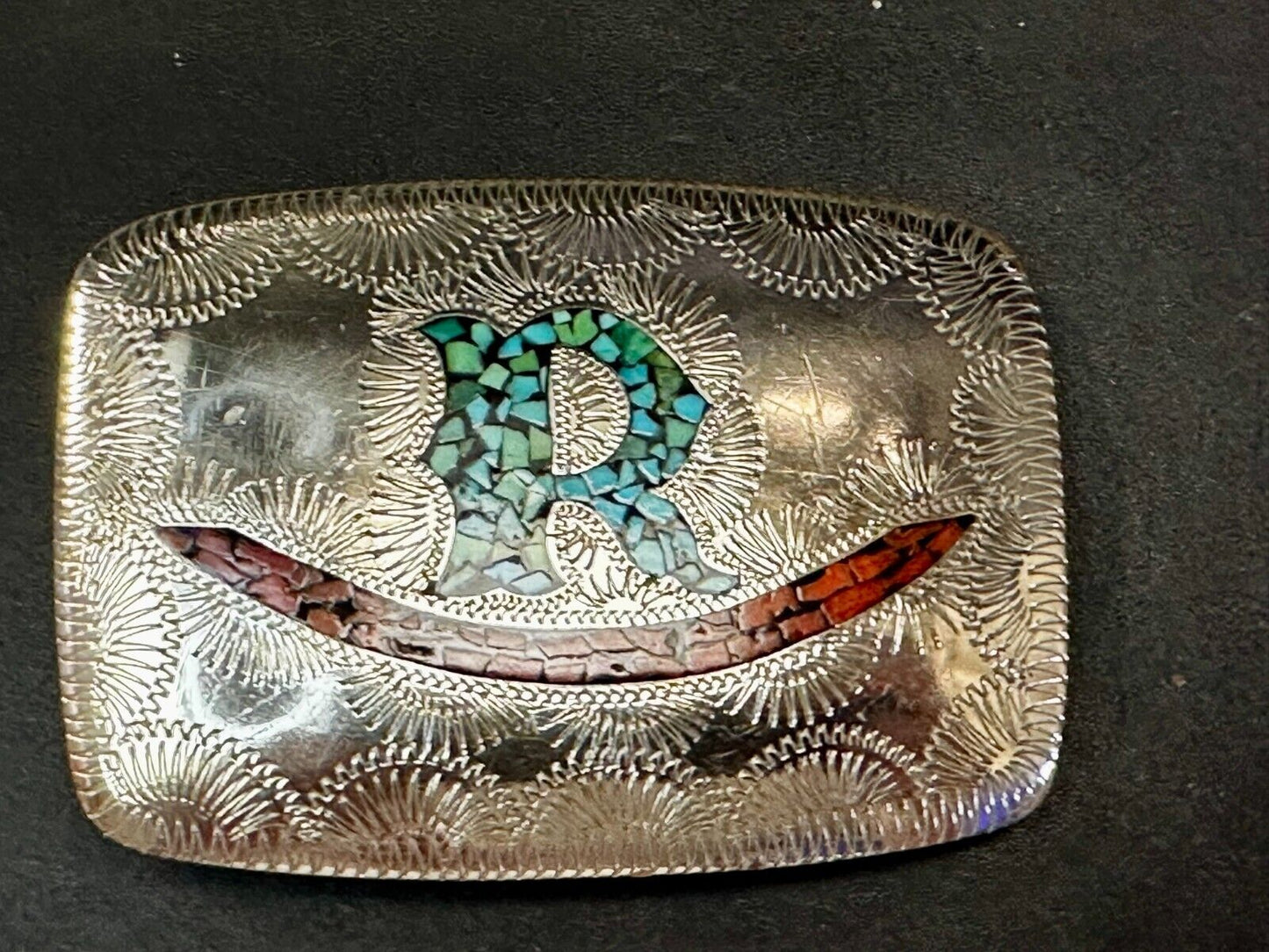 Turquoise & Coral Inlaid Native American Belt Buckle SSH Custom Initial Letter R