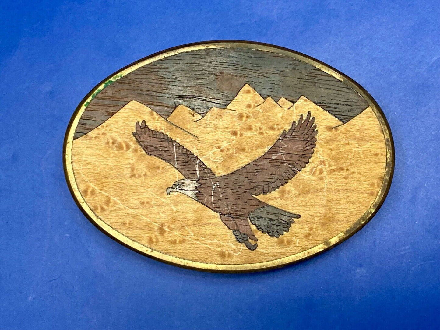 Vintage 1983 The great American Eagle mixed wood on solid brass BTS belt buckle