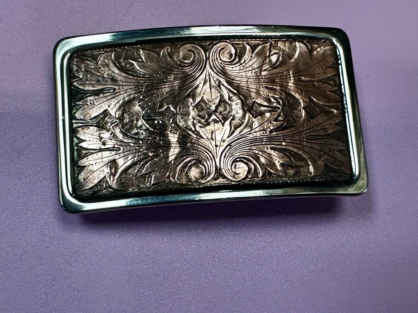 Vintage etched brown leaf pattern two tone Belt Buckle