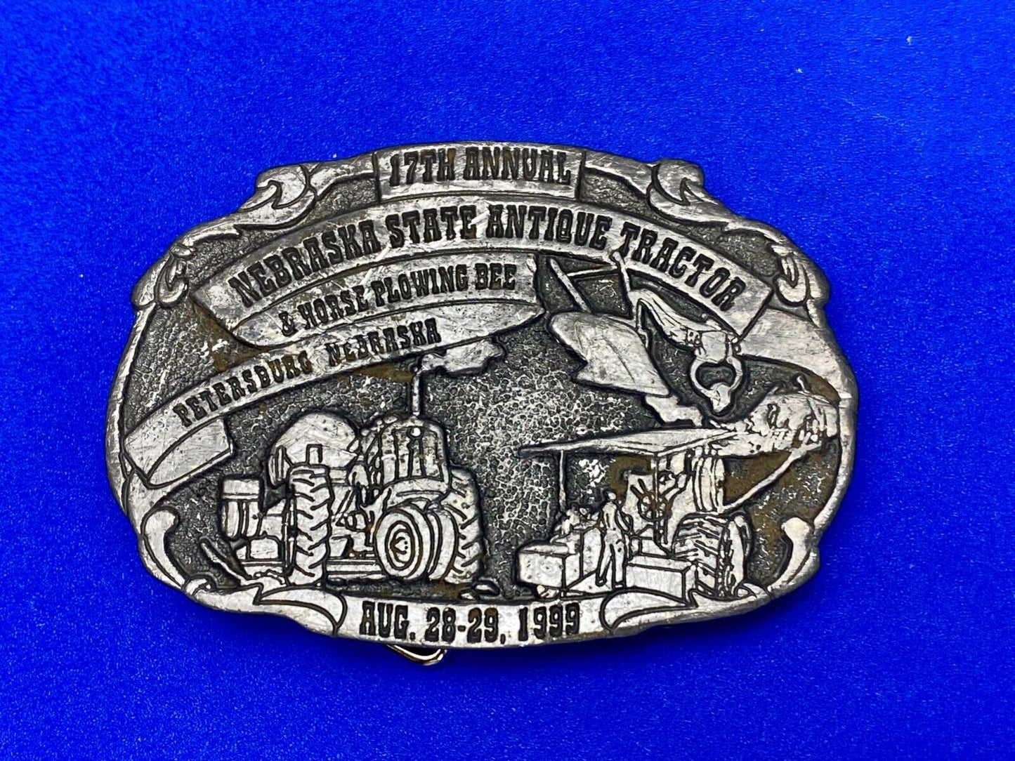 Vintage 1999 Nebraska State Antique Tractor and Horse Plowing Bee belt buckle