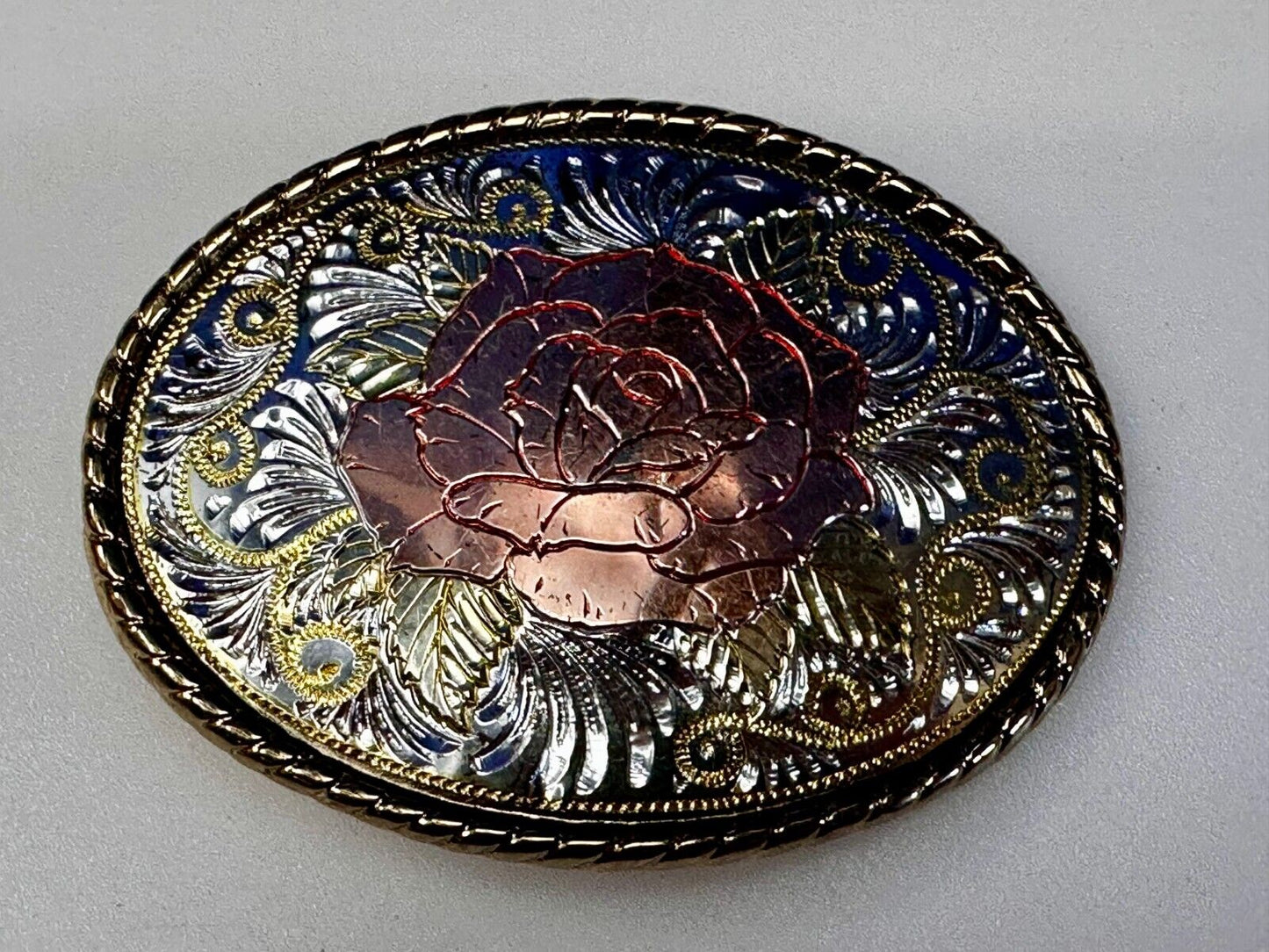 Beautiful Rose Small Etched Flower Swirl Design Vintage Belt Buckle W USA Made