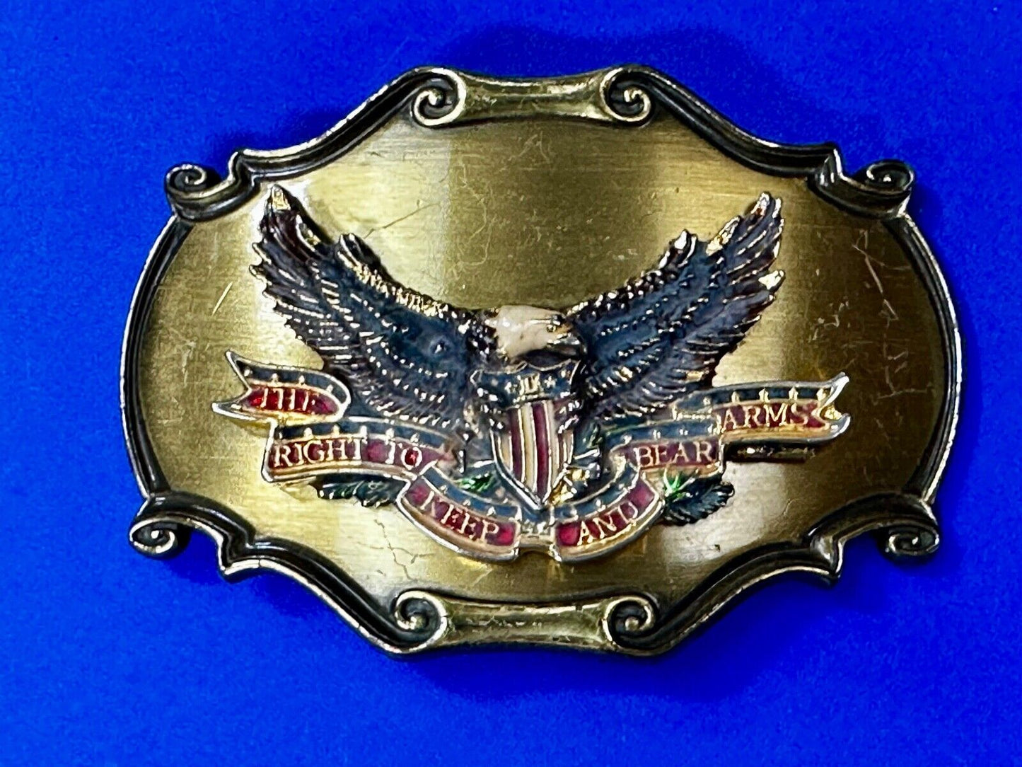 The Right To Keep and Bare Arms VTG 1980 Western Framed Belt Buckle by Rain-Tree
