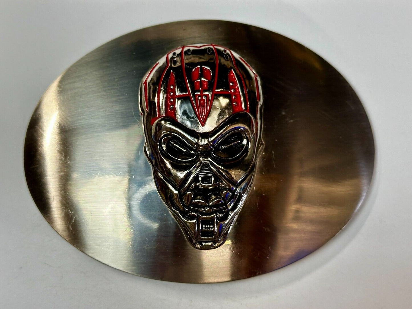 Terminator Skull Head Gothic Vibe Silver Tone Biker HUGE oval Belt Buckle