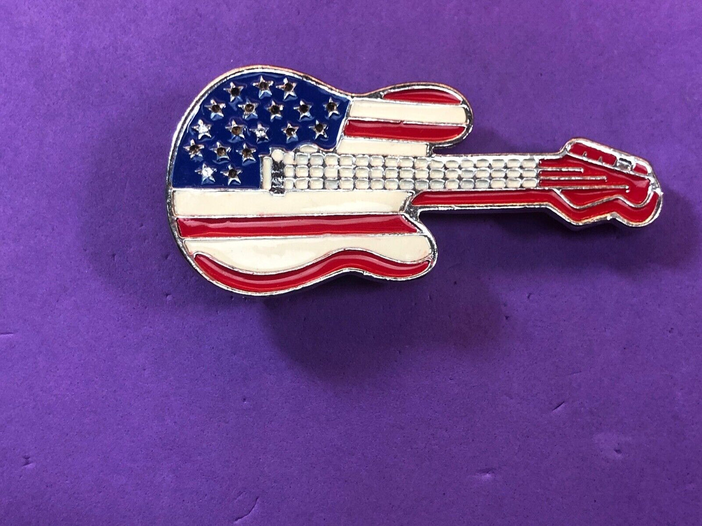 American USA flag colors on figural cut out guitar belt buckle Rock & Roll!