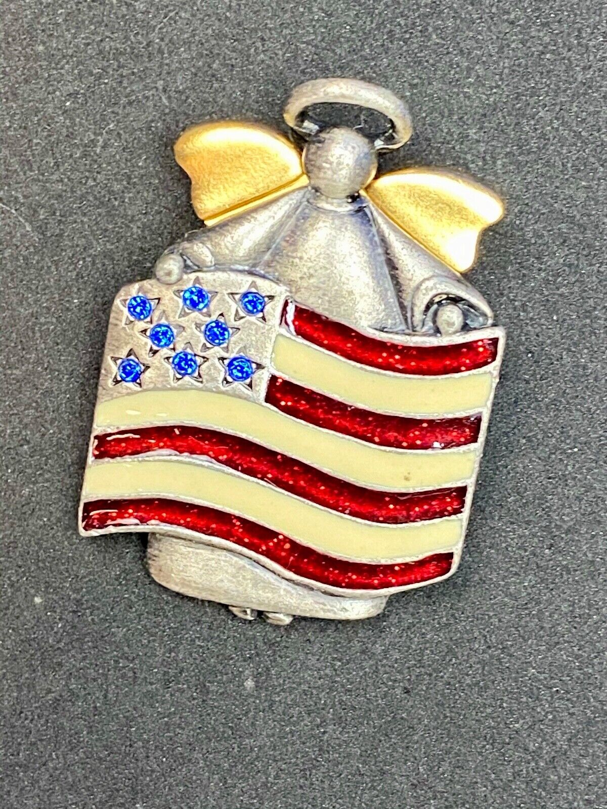 AJMC Signed Angel Holding Patriotic USA Flag Heart Brooch Pin