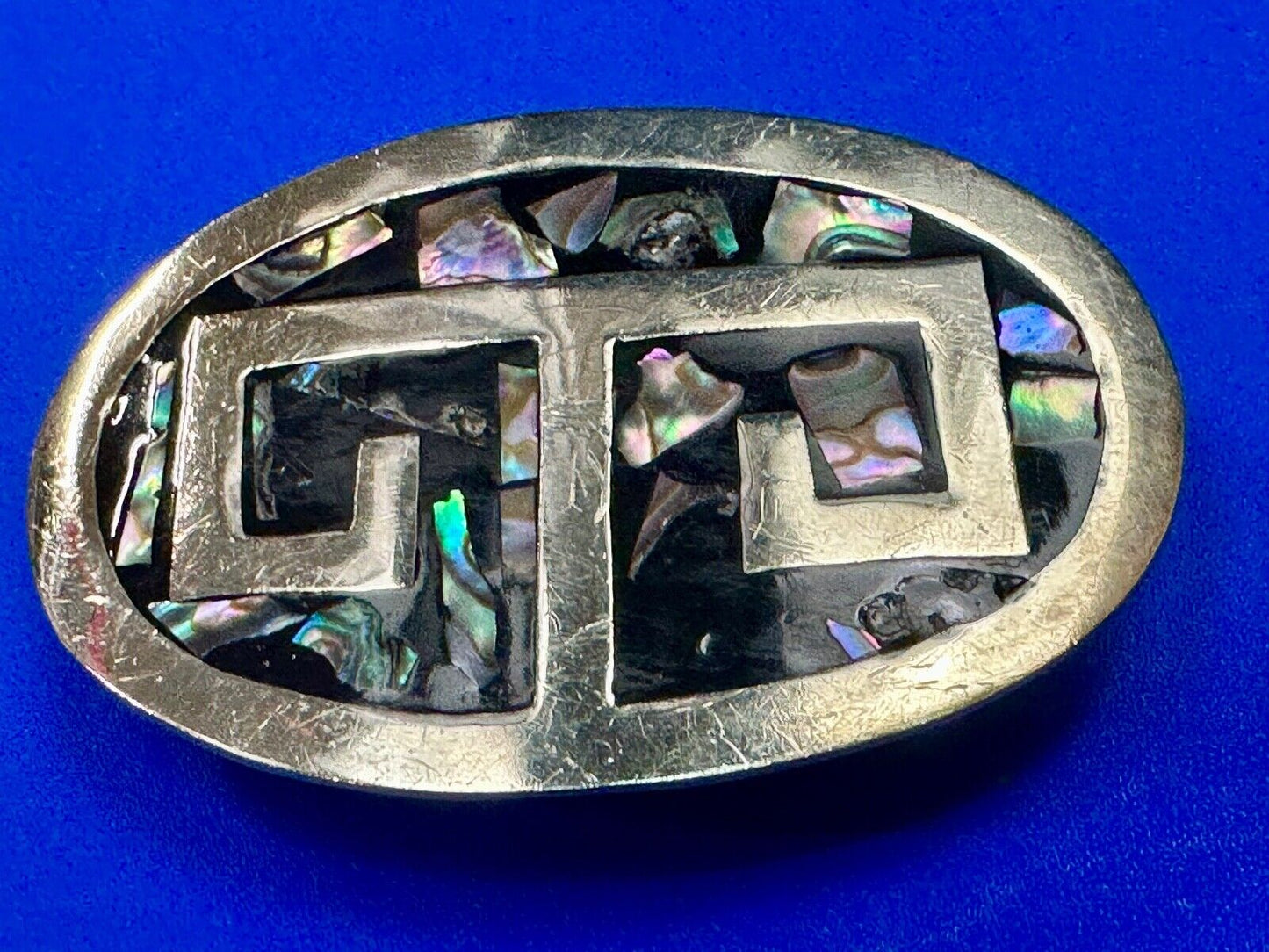 Vintage Alpaca Mexico Silver Tone Abalone Shell Pattern Oval belt buckle