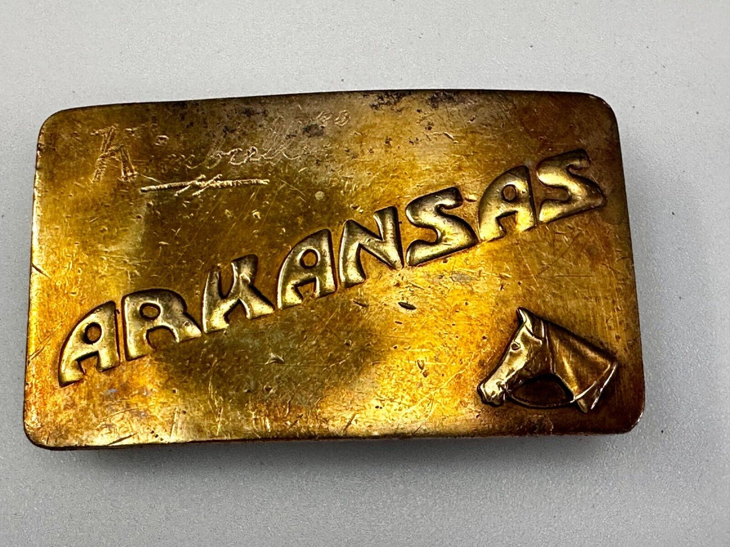 ARKANSAS State Horse Head BrassTone Commemorative Vintage Belt Buckle