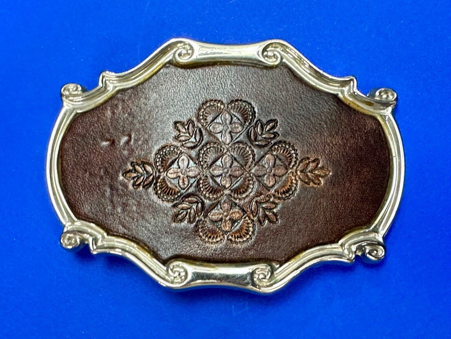 Vintage Brown leather flower pattern belt buckle made in Spain
