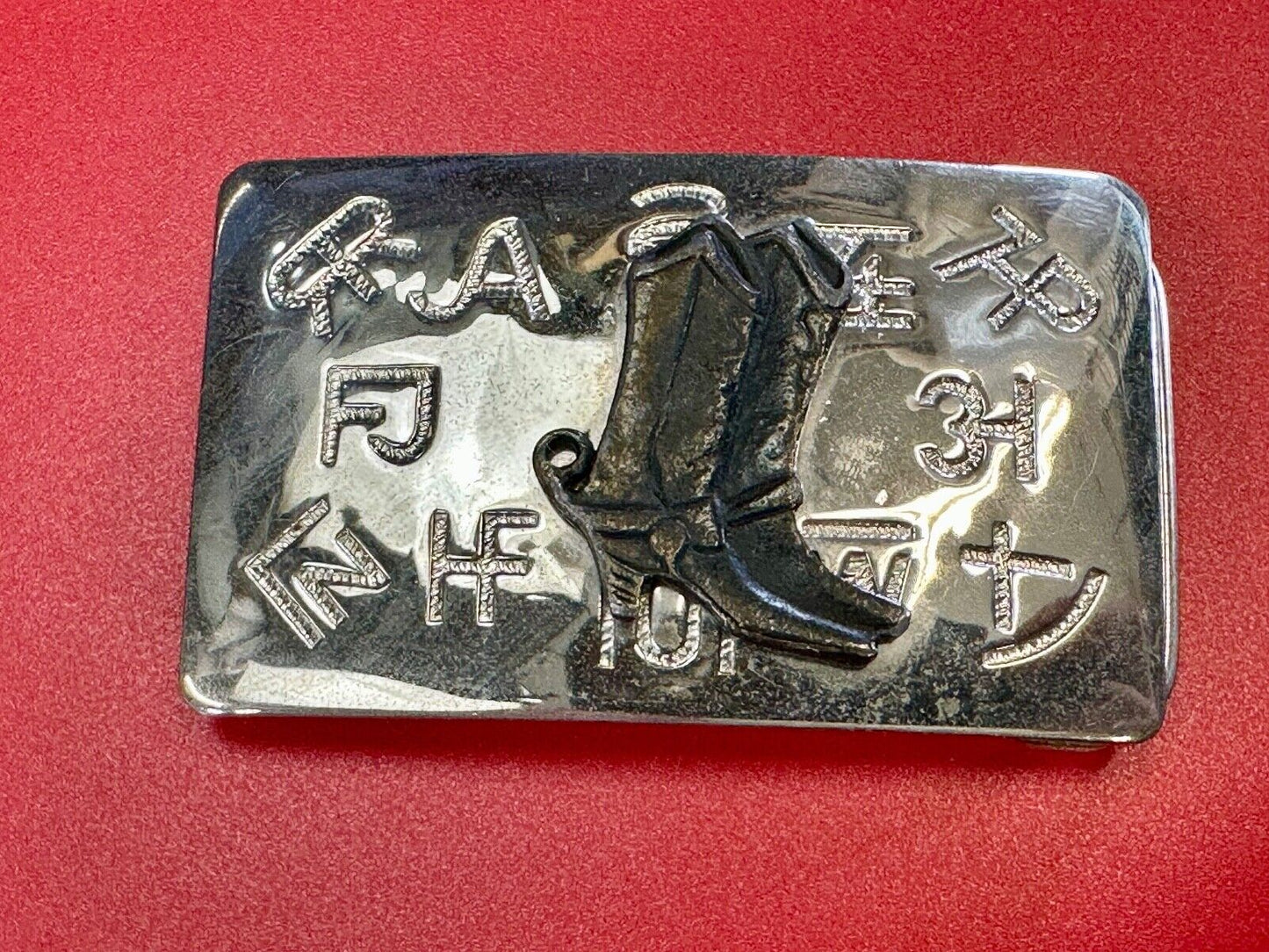 Vintage Chambers Western Cowboy Boots and cattle branding symbols belt buckle