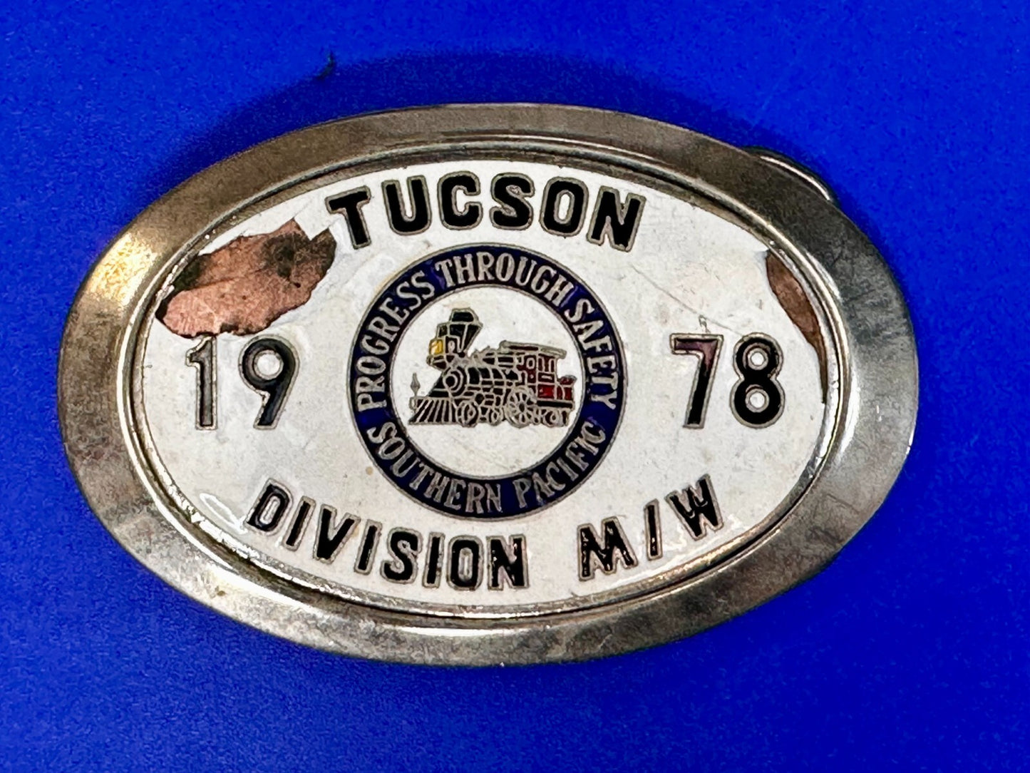 1978 Southern Pacific Tucson Division Railroad Safety Silver Tone Belt Buckle