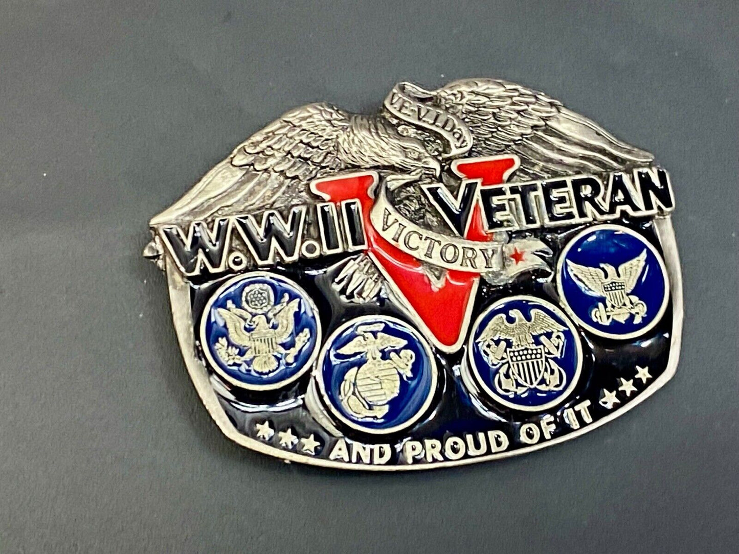 1980 Wold War II WW2 The American Veterans soldier belt buckle and proud of it!