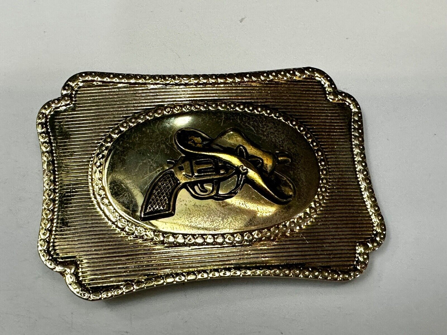 Vintage Cowboy Hat & Revolver Pistol Western Belt Buckle 6 Shooter Gun Buckle