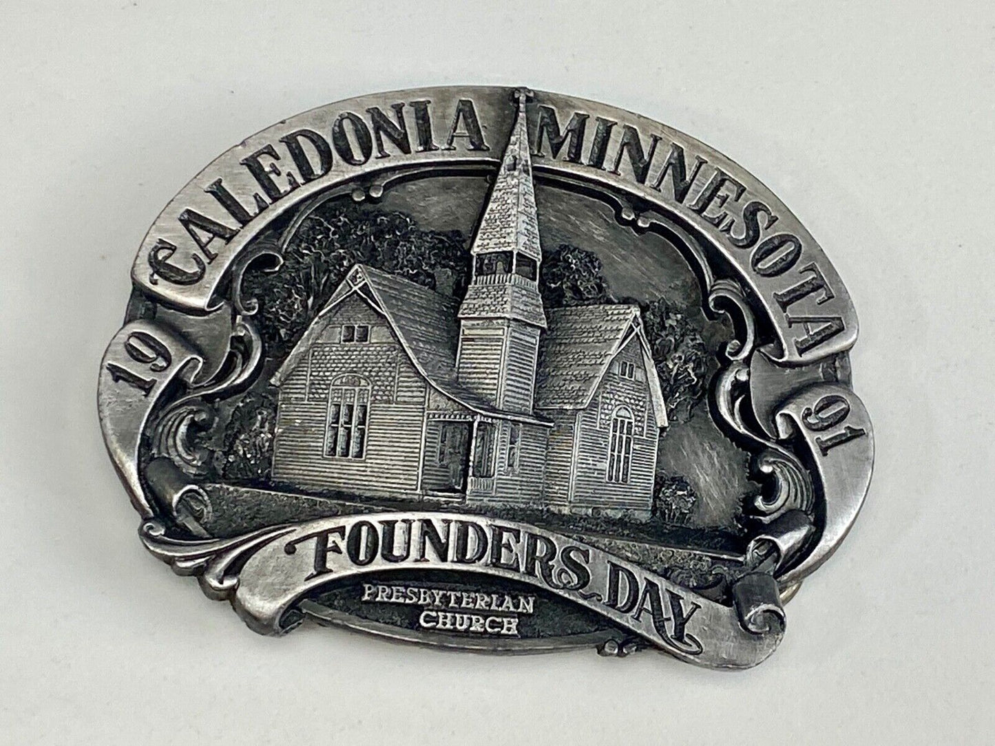 Vintage 1991 - Founder’s Days Caledonia MN belt buckle - presbyterian church