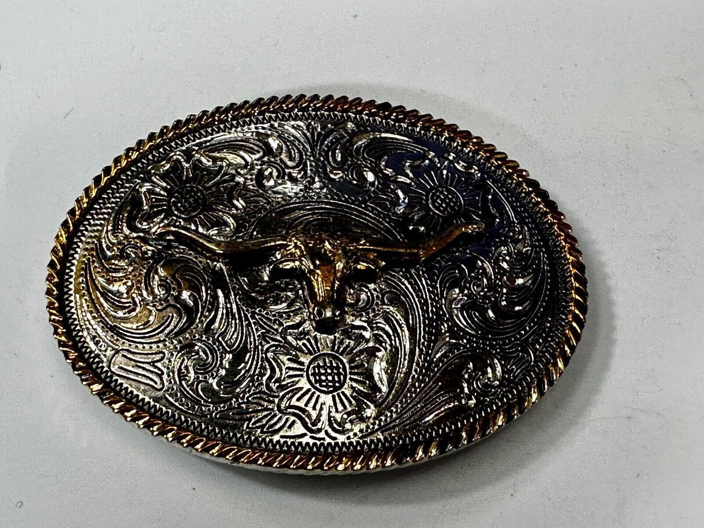 Texas Longhorn Steer Bull Ornate Two-Tone Vintage Oval Belt Buckle