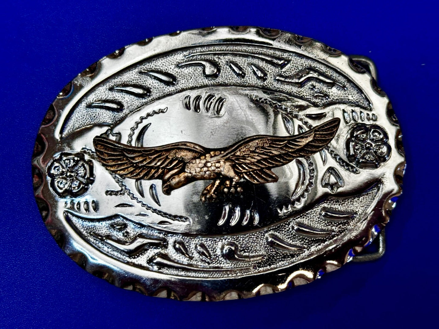 Bald Eagle Flying Hunting Diving American Two Tone Ornate Western Belt Buckle