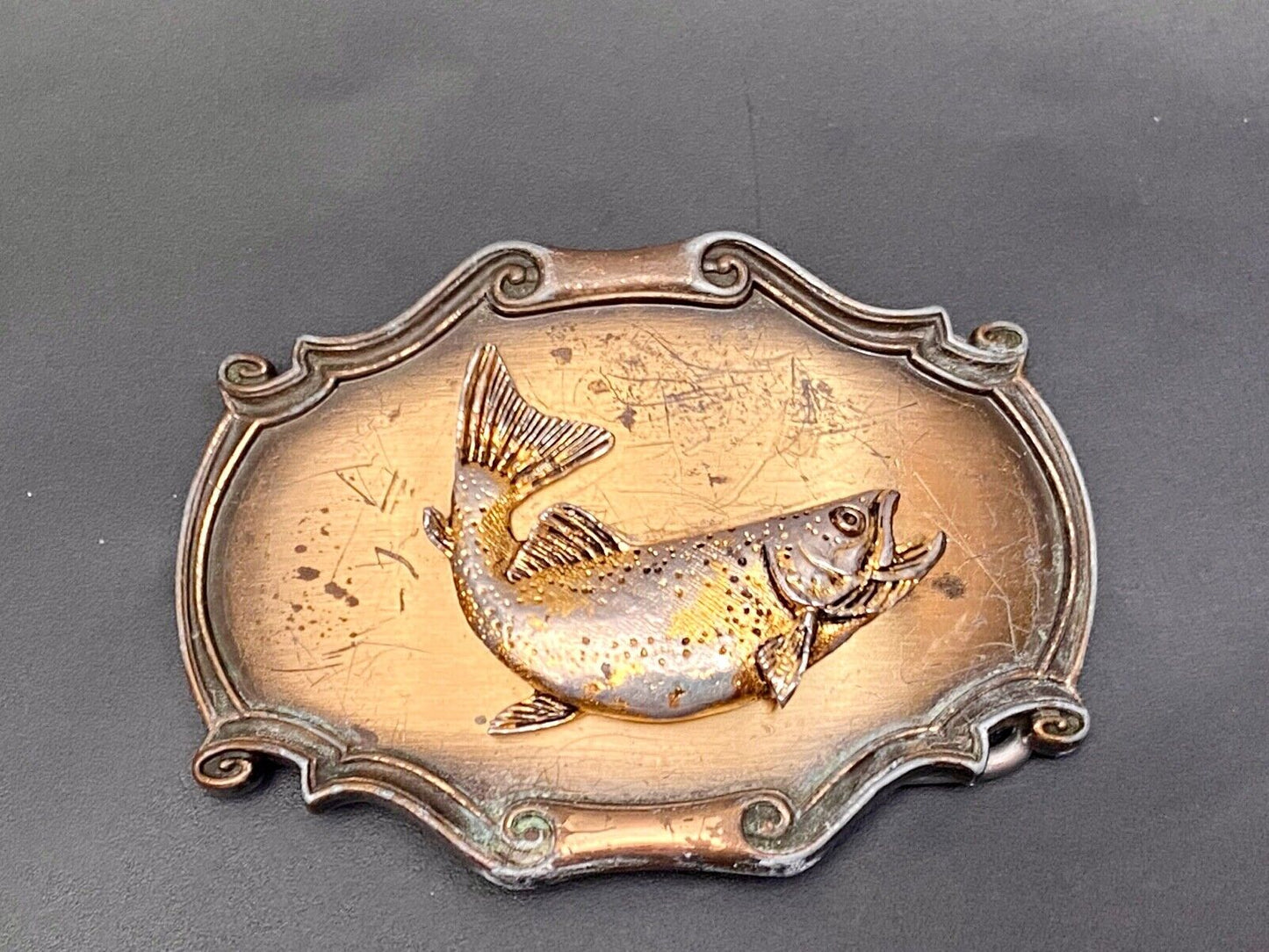 Vintage 1980 Rainbow Trout Belt Buckle 3-D Raintree Fish/Gold Tone W Scroll Edge