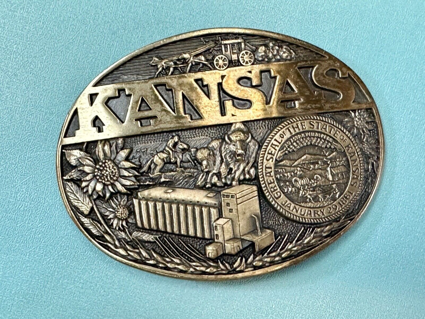 The Great State of Kansas Vintage Solid Brass ADM Belt Buckle