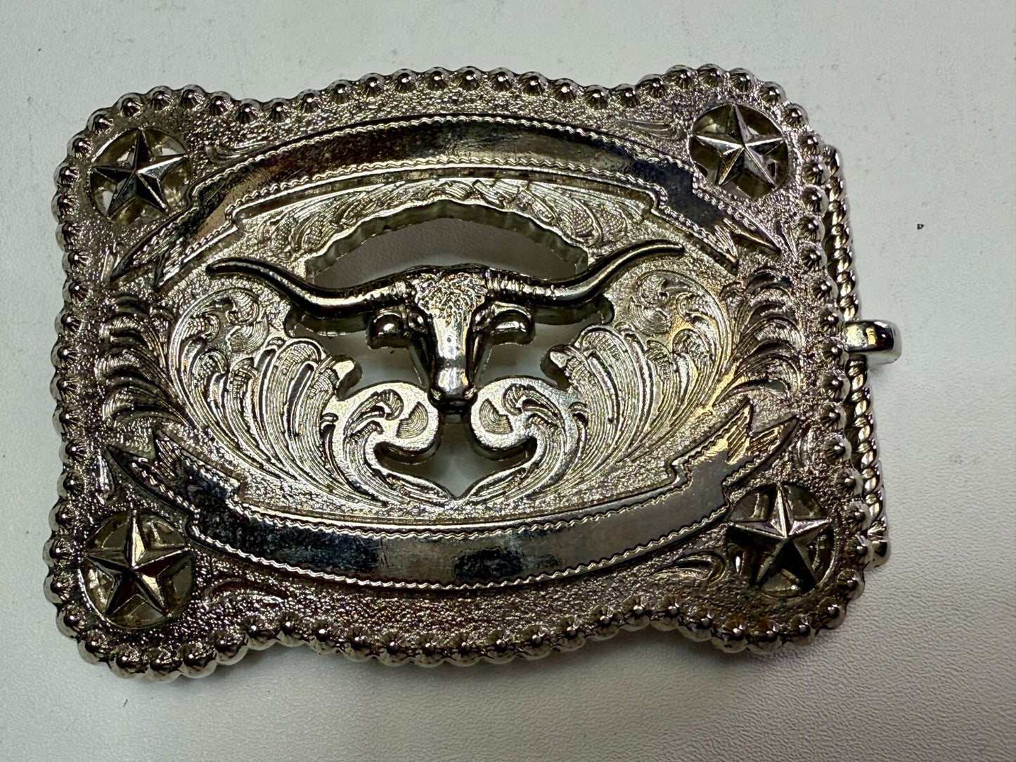 Texas Longhorn Cutout See Through Silver Tone Belt Buckle W/ Stars Award Ribbon
