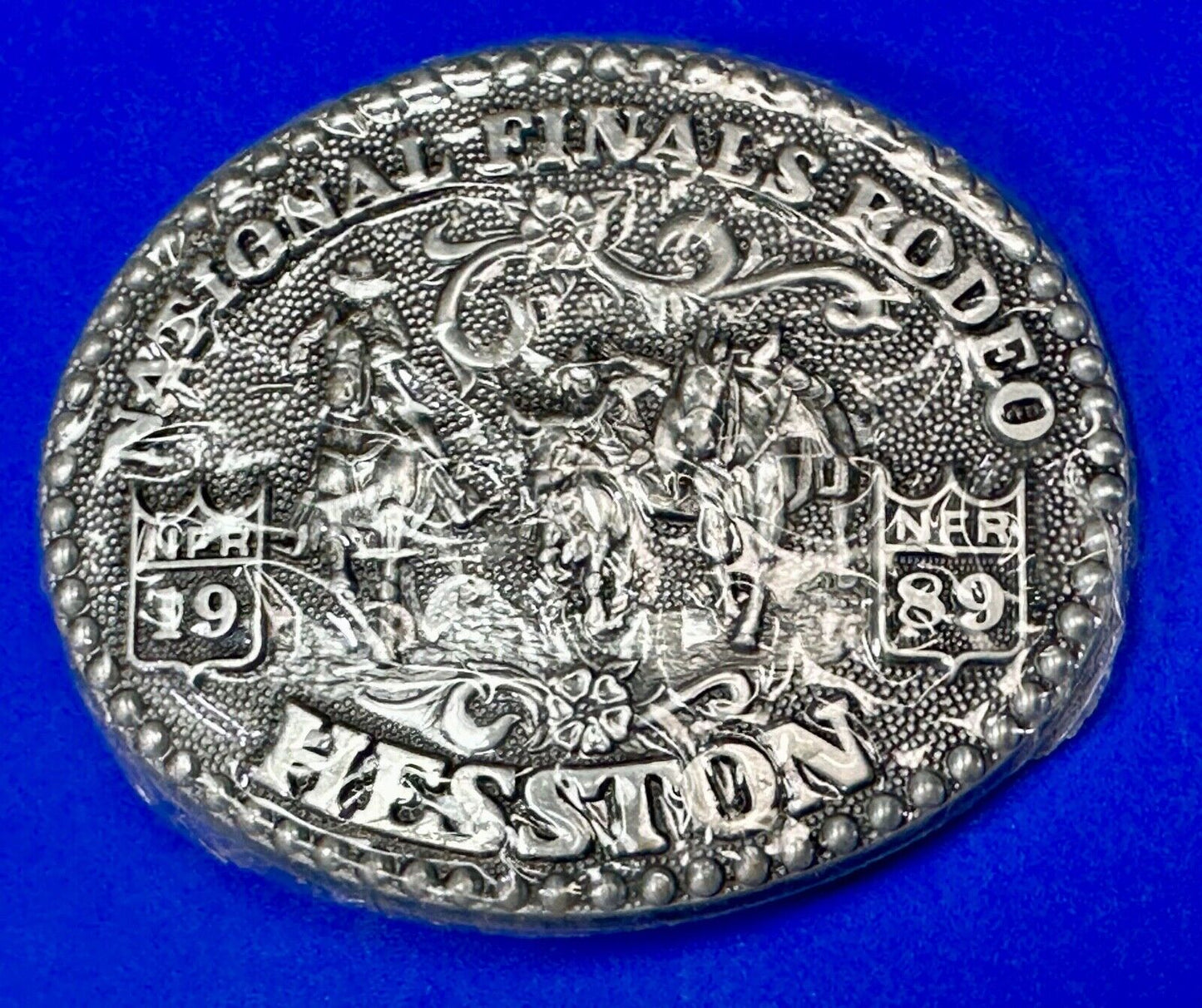 1989 NFR Rodeo Vintage Hesston Belt Buckle Steer Wrestling New Nos