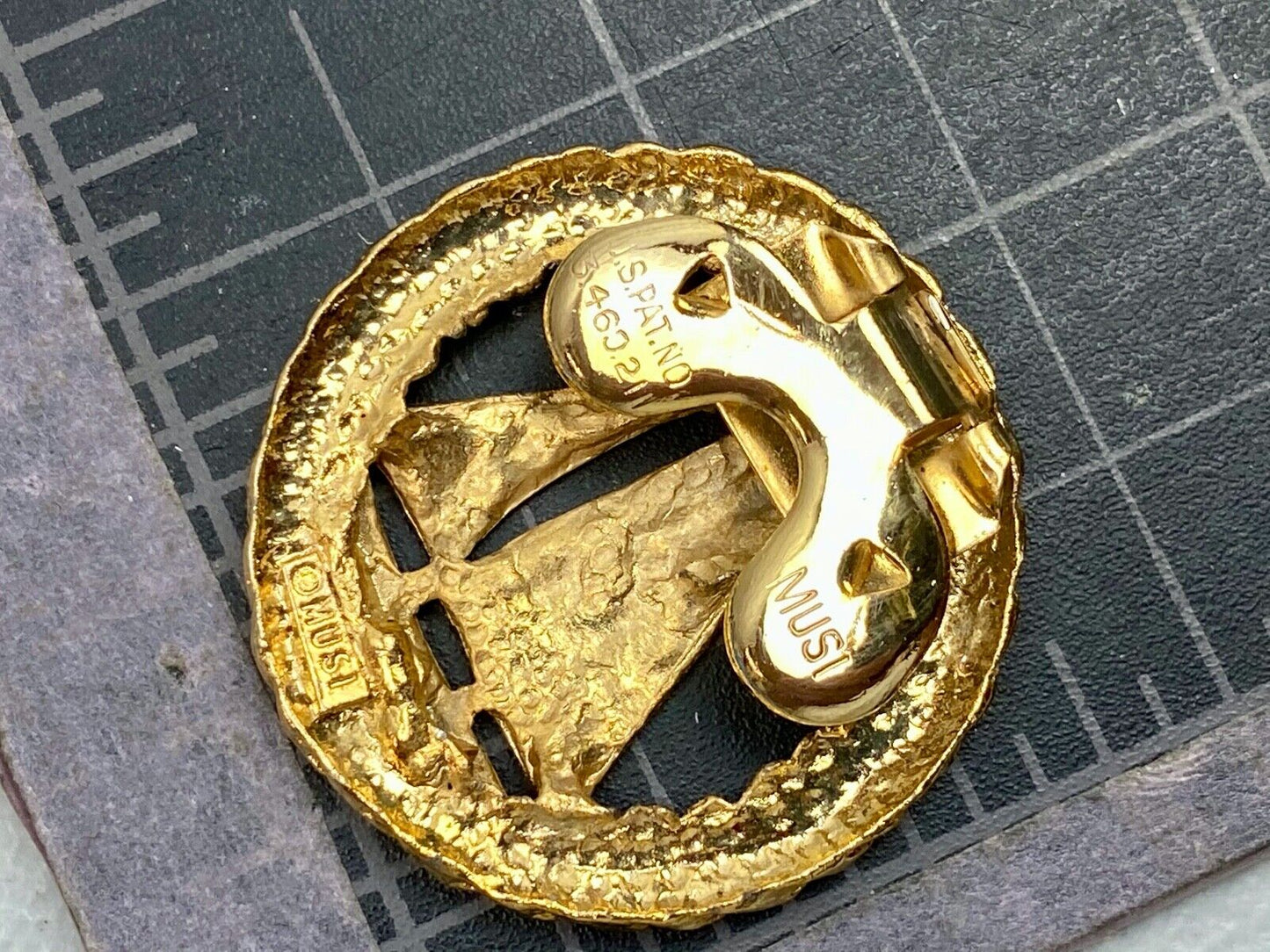 beautiful two piece Sailboat gold tone small vintage belt buckle signed Musi