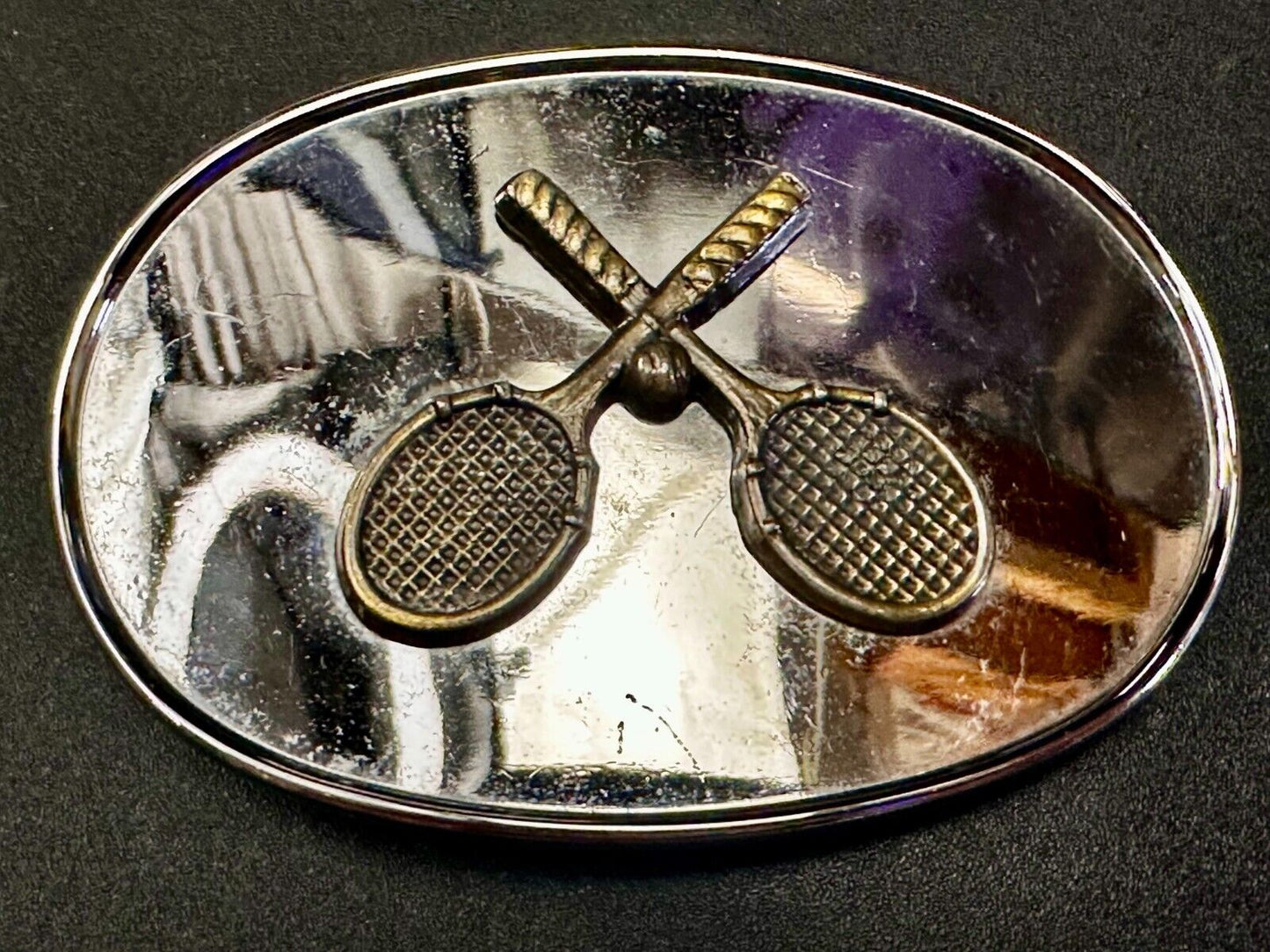 Tennis Racquet's Sports Fan's Vintage Two Tone Reflective Oval Belt Buckle