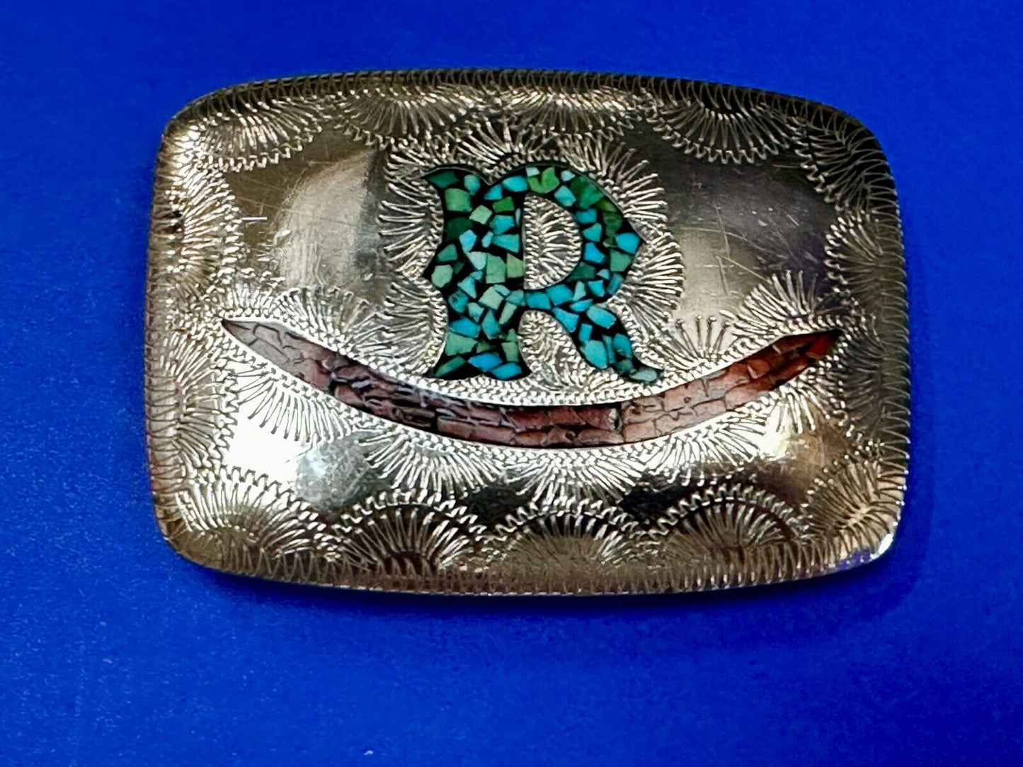 Turquoise & Coral Inlaid Native American Belt Buckle SSH Custom Initial Letter R