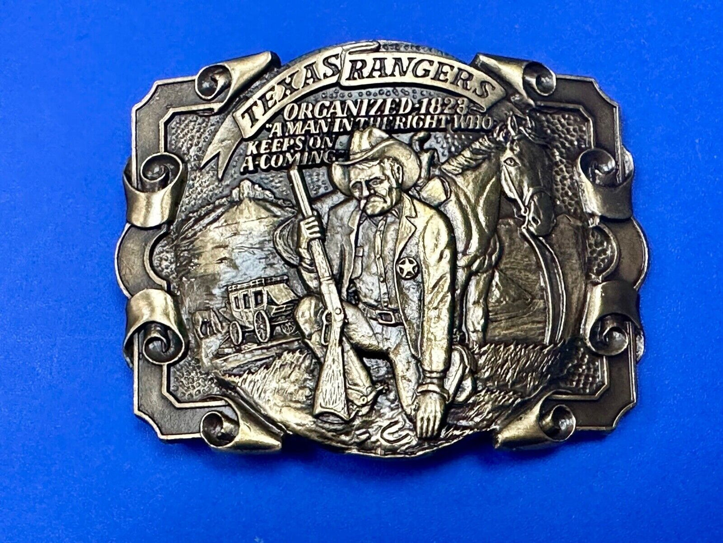 Texas Rangers Organized 1828 A man in the right who keeps on coming Belt Buckle