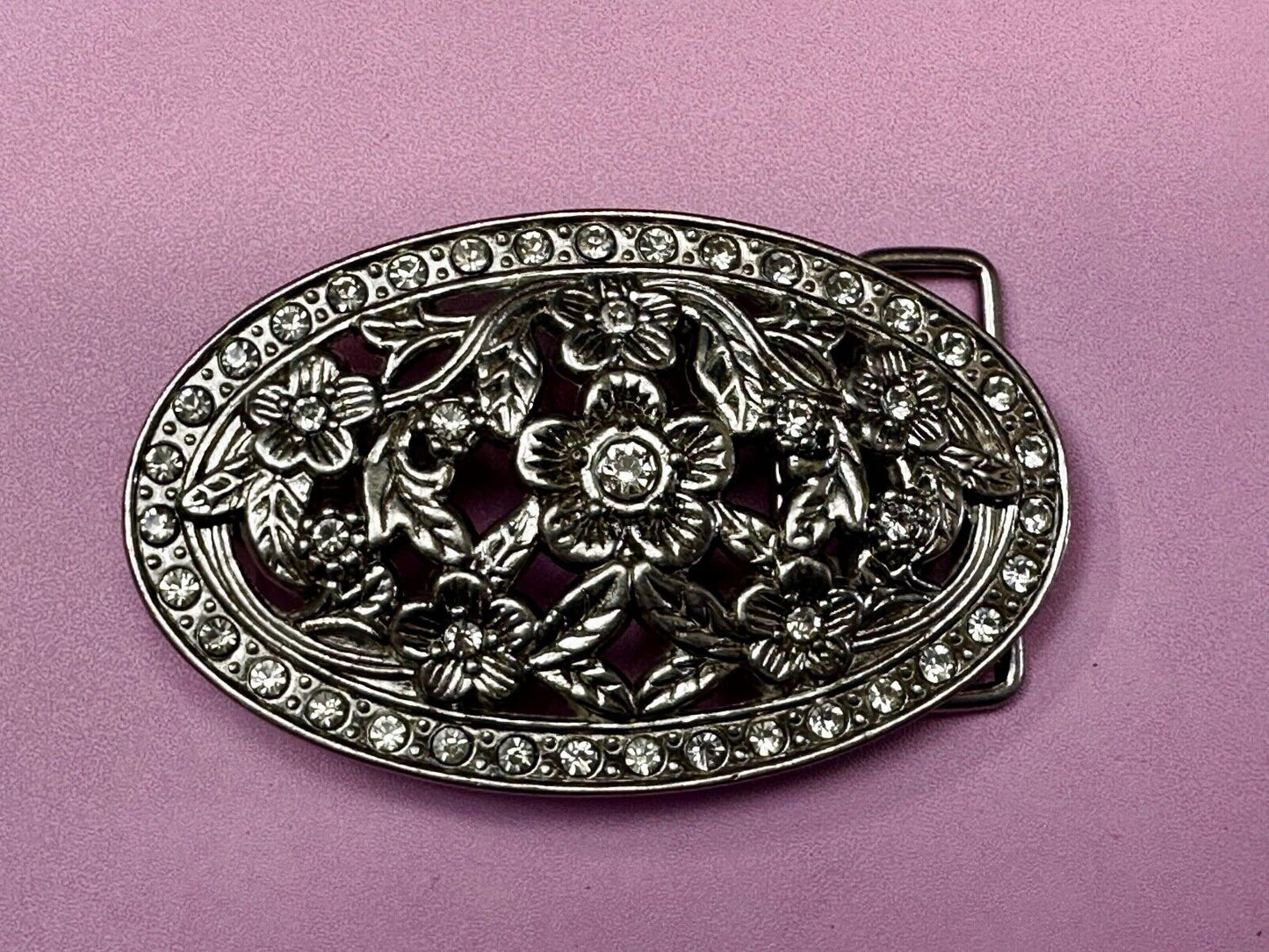 Swirl Flower Ornate Openwork Rhinestone Border Accent Silver Tone Belt Buckle