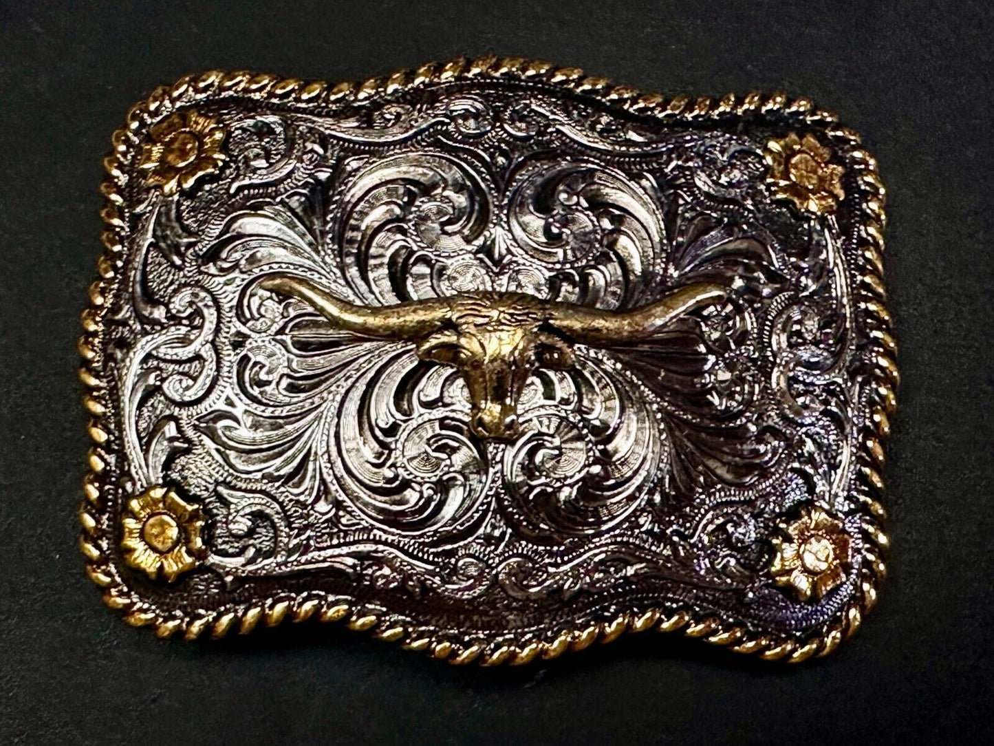 Texas Longhorn Centerpiece Two Tone Ornate Floral Themed Belt Buckle