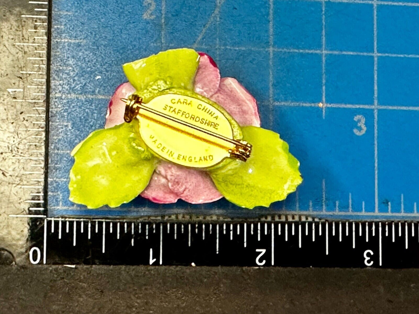 Beautiful Porcelain Red Roses with Green Leaf Brooch Pin Signed by Cara China