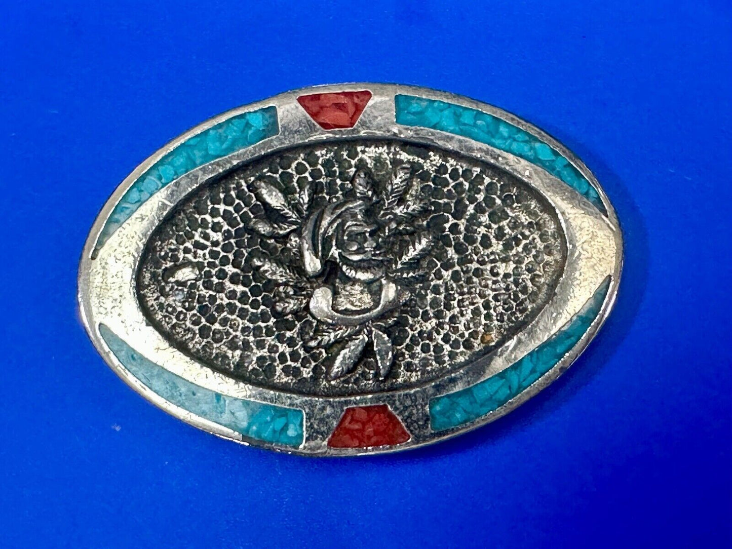 Beautiful ROSE flower Crushed Turquoise and Coral chip Boarder belt buckle by TT
