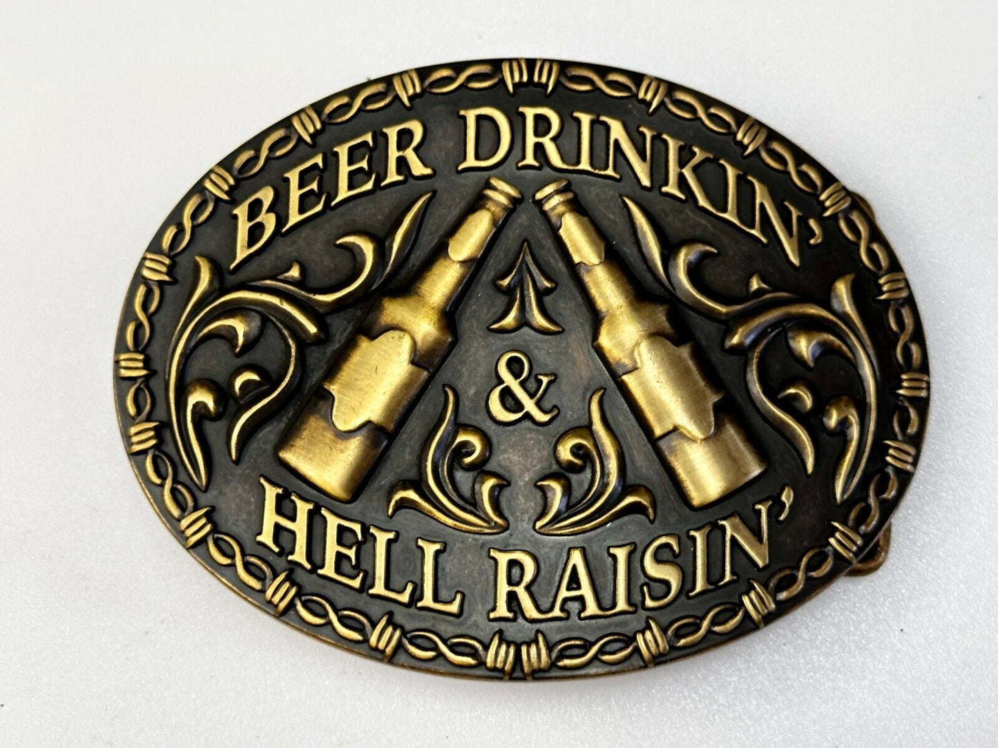Beer Drinkin Hell Raisin Funny Novelty Barbed Wire Border Western Belt Buckle