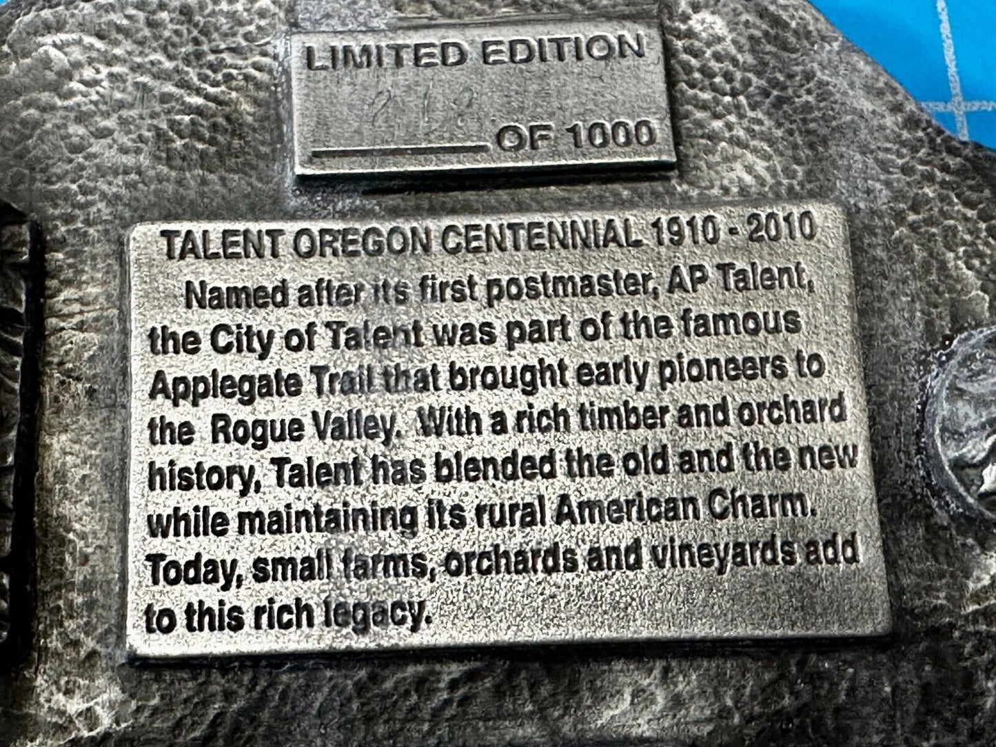 Talent Oregon Centennial Celebration 1910-2010 Belt Buckle